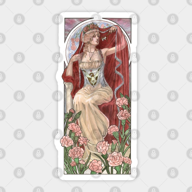 Veiled Lady of January with Pink Carnations and Snowdrop Birth Flower Corset Mucha Inspired Birthstone Series Sticker by angelasasser